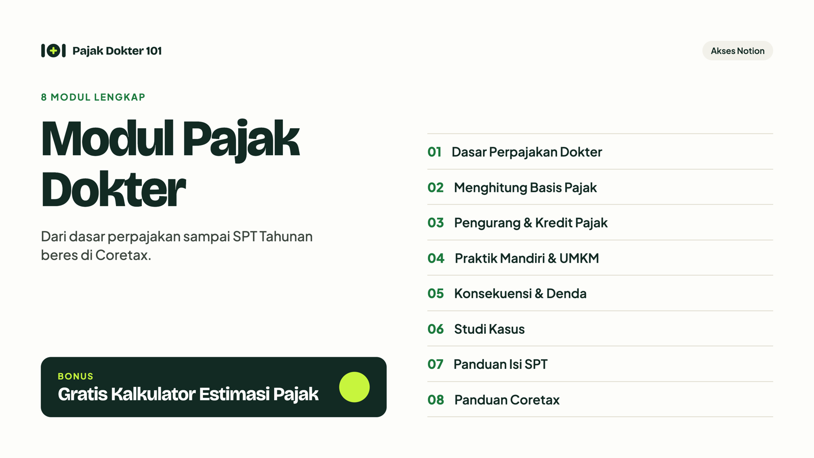 Tampilan 8 modul utama panduan Notion Pajak Dokter 101