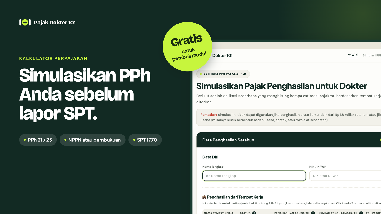 Tampilan kalkulator estimasi pajak di Notion Pajak Dokter 101