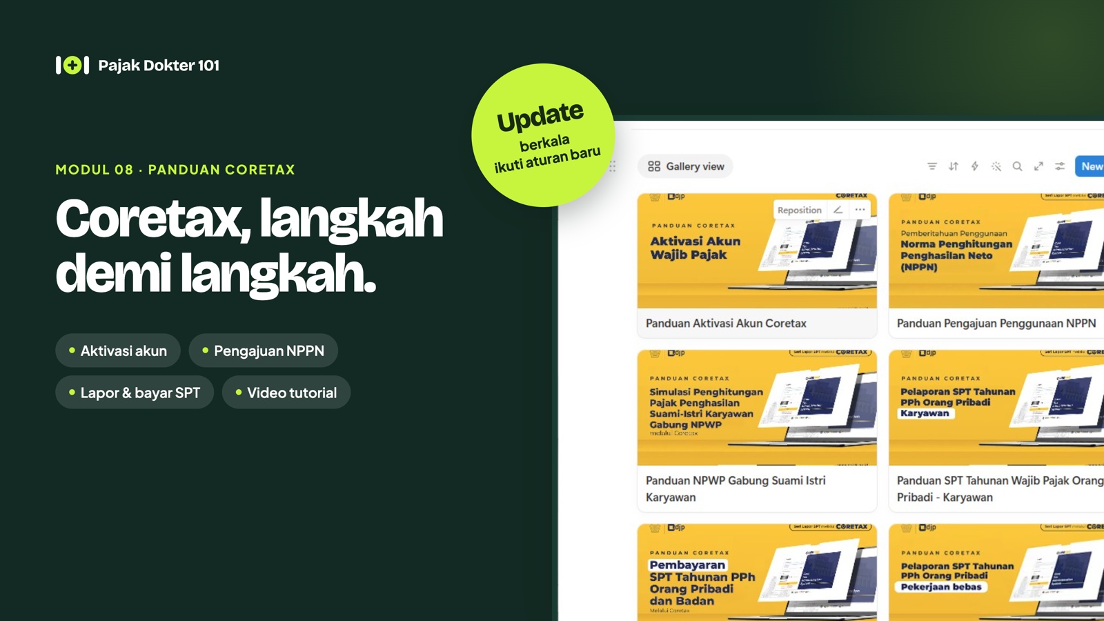 Tampilan pedoman Coretax langkah demi langkah di Notion Pajak Dokter 101