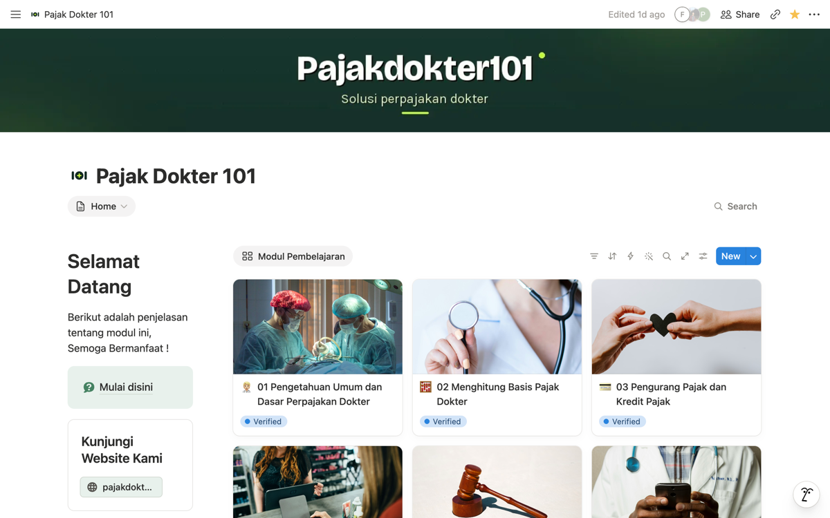 Halaman utama panduan Notion Pajak Dokter 101 dengan daftar modul pembelajaran